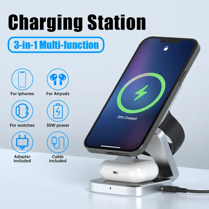3 in 1 Strong Magnetic Wireless Charger Stand Pad Foldable